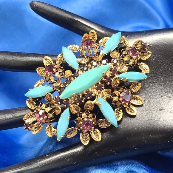 Vintage AUSTRIA Turquoise Rhinestone Brooch Purple Crystal Pin Ornate Antique - Picture 2 of 16